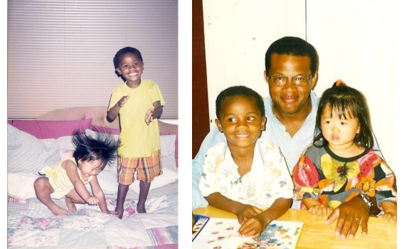 Left: Samuel Mosley with his sister Hannah, whom the Mosleys adopted from Vietnam in 1997. Right: Tony Mosley with Samuel and his sister Hannah, whom the Mosleys adopted from Vietnam in 1997.