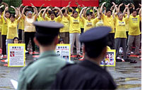 Falun Gong members at protest in Hong Kong