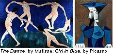 The Dance, by Matisse; Girl in Blue, by Picasso