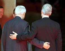 Back-scratching bonhomie: Presidents Yeltsin and Clinton
