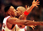 Cheek to cheek: the Bulls' Scottie Pippen and Ron Harper
