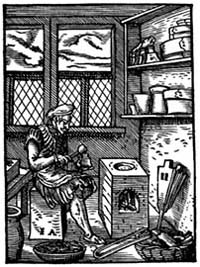Woodcut of foundry worker making print blocks
