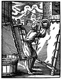 Woodcut of bookbinder stretching parchment