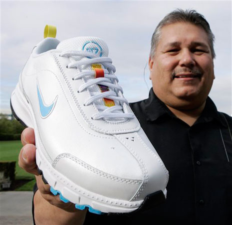 Sam McCracken of Nike shows the new Nike Air Native N7 shoe.