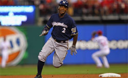 Nyjer Morgan #2 of the Milwaukee Brewers. Click image to expand.